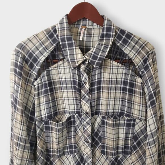 Free People Plaid Pearl Snap Button Oversized Shirt Sz Large Boho Western Grunge - Picture 2 of 12